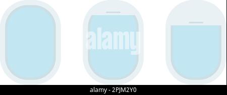 Three aircraft portholes with clean sky outside plane. Travel tour elements for cards, banners, flyers design. Vector illustration Stock Vector
