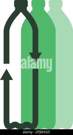 Plastic pet bottle form recycling symbol with arrows. Green pet bottle silhouettes on background. Eco material usage concept. Set of recycling icons. Stock Vector