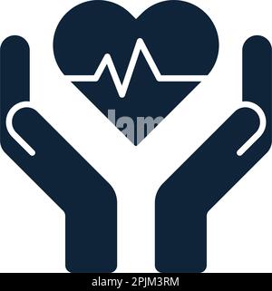 Hands and palms and heartbeat, pulse inside heart shapes. Health care, love, attention symbol. Human health medical support icons. Health care or prot Stock Vector