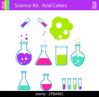 Science kit with acid colors - flask, glass, drop, explosion. Science experiment, test, research laboratory elements flat illustration. Vector illustr Stock Vector