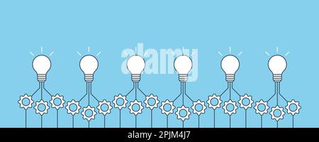 Gear cogs and lamp bulbs demonstrate business process. Lamps and cogwheels template for infographics. Progress, process, collaboration illustration. V Stock Vector