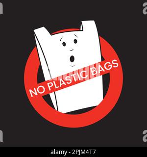 Forbidden plastic bag cartoon character. No plastic bags concept. Forbidden sign. Applicable as label, tag, poster, banner. No plastic bags poster, ta Stock Vector