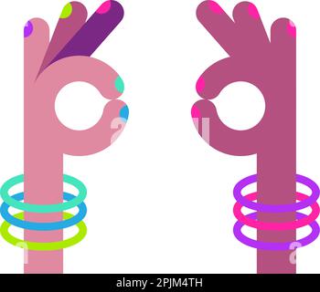 Ok gesture colored hand. Girl arm with bright nails and bracelets. Applicable for manicure service banner. Simple Ok symbol. Approved blue sign. Okay Stock Vector