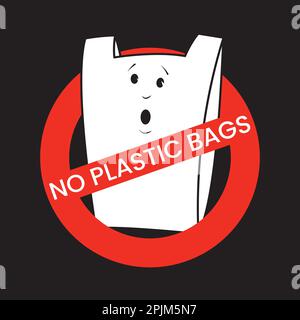 Forbidden plastic bag cartoon character. No plastic bags concept. Forbidden sign. Applicable as label, tag, poster, banner. No plastic bags poster, ta Stock Vector