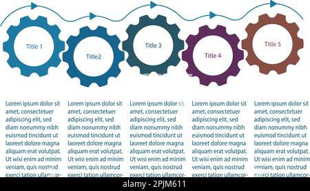Infographics presentation template with gear cogs or cogwheels. Infographics design with 5 five steps. Five gear cogs demonstrate business process flo Stock Vector