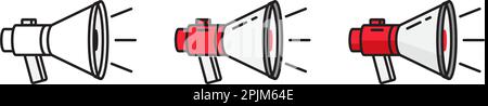 Megaphone, loudspeaker, bullhorn icons. Line, outline flat style symbols. Megaphone symbols for announcement. Loudspeaker icon for voice message. Whit Stock Vector