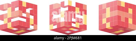 Red Cubes in isometric projection. White isolated background Geometric design pattern concept for banners, posters. Graphic design concept. Cube shape Stock Vector