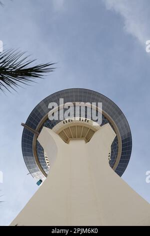 View from below on Stratosphere tower in Las Vegas against blue sky, with a branch from a palm tree Stock Photo