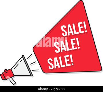 Red promo announcement banner with megaphone and words - sale, sale, sale! on speech bubble. Loudspeaker with promotion message. Isolated background. Stock Vector