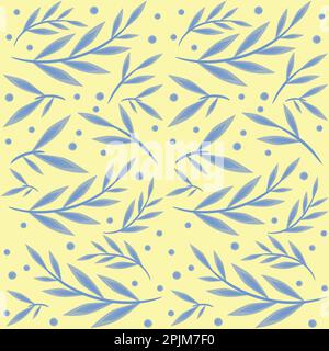 Blue leaves in watercolor style seamless pattern on yellow background. vector illustration. Stock Vector
