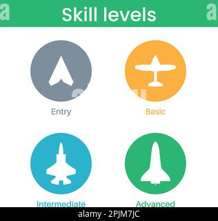 Expertise, competence, skill or experience level icons. Airplane, aircraft silhouettes. Job skills levels. Path to the success or goal. Basic, medium Stock Vector