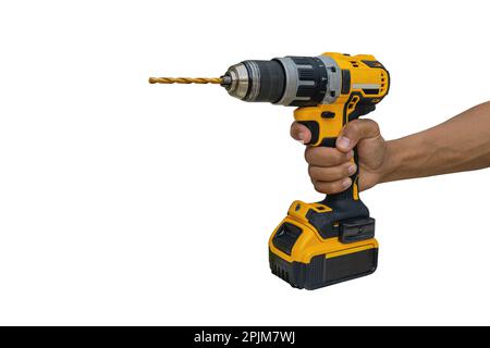Power drill or Cordless screwdriver with battery for professional work in white background. Stock Photo