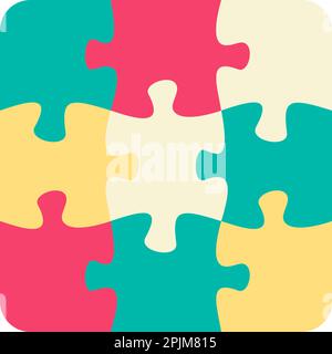 Nine jigsaw pieces or parts connected together. Multicolor puzzle jigsaw template. Flat vector illustration Stock Vector