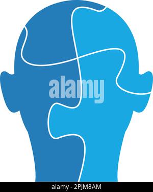 Human head with puzzle pieces inside. Idea, solution concept. Mental health or disorder treatment concept. Skin colored human silhouette. Flat vector Stock Vector