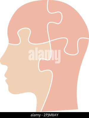 Human head with puzzle pieces inside. Idea, solution concept. Mental health or disorder treatment concept. Skin colored human silhouette. Flat vector Stock Vector