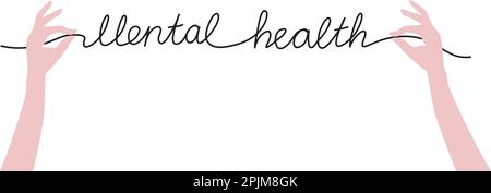 Two hands keeping thread as handwritten word mental health. Mental disorder treatment concept. Brain disease treatment metaphor. Vector illustration Stock Vector
