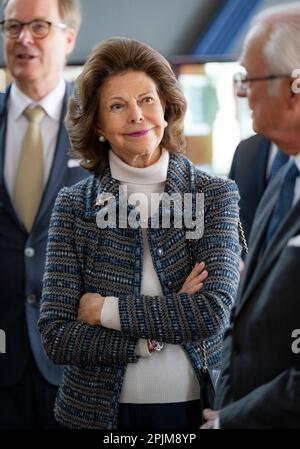 Ostersund, Sweden. 03rd Apr, 2023. Sweden's Queen Silvia King smiles at Carl XVI Gustaf during the visit Jamtli museum in Ostersund during the royal visit to Jamtland County on 3 April 2023 to mark HM the King's 50th jubilee on the throne. Photo: Pontus Lundahl/TT/kod 10050 Credit: TT News Agency/Alamy Live News Stock Photo