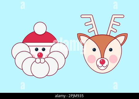 Santa and deer faces. Cute santa and deer in cartoon or outline kawaii style illustration. Applicable as stickers or part of christmas design. Vector Stock Vector