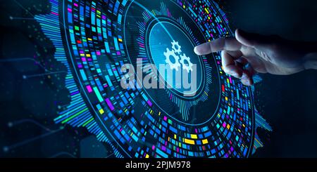 Big data technology and data science. Data scientist analysing and visualizing complex data set on virtual screen. Computing, genomics, artificial int Stock Photo