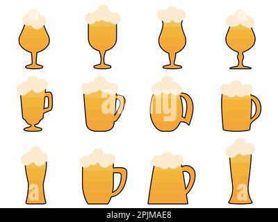 Glasses of beer set isolated on white background. Beer with foam in glasses. Beer mug design for posters, banners and promotional items. Vector illust Stock Vector