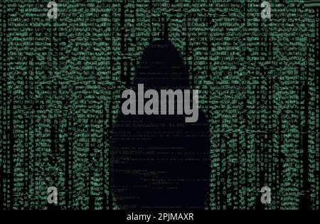 Silhouette of anonymous hacker and digital binary code on dark background. Cyber attack concept Stock Photo
