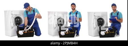 Collage with photos of repairman with near washing machine on white background. Banner design Stock Photo