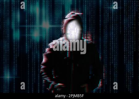 Silhouette of anonymous hacker and digital binary code on dark background. Cyber attack concept Stock Photo