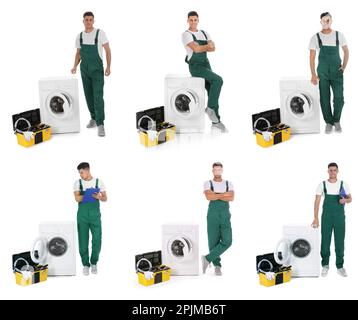 Collage with photos of repairman with toolbox near washing machine on white background Stock Photo