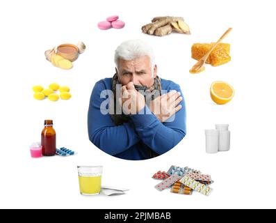 SIck mature man surrounded by different drugs and products for illness treatment on white background Stock Photo