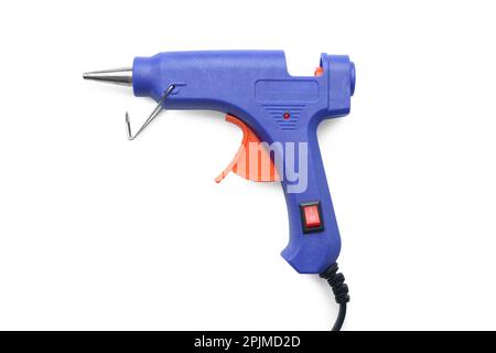 Empty blue glue gun isolated on white, top view Stock Photo