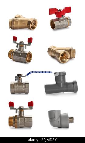 Set of pipe fittings and valves on white background. Plumbing supplies Stock Photo