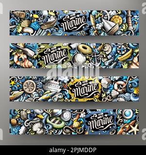 Cartoon cute colorful vector doodles Marine corporate identity. 4 horizontal banners design. Templates set Stock Vector