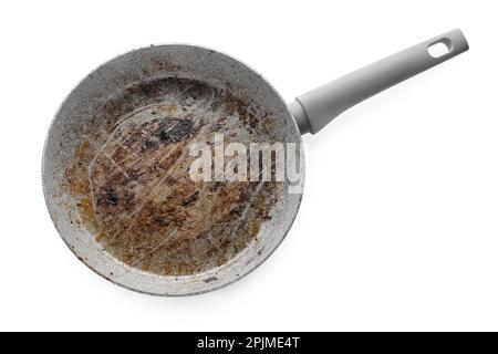 Dirty granite coating frying pan isolated on white, top view Stock Photo