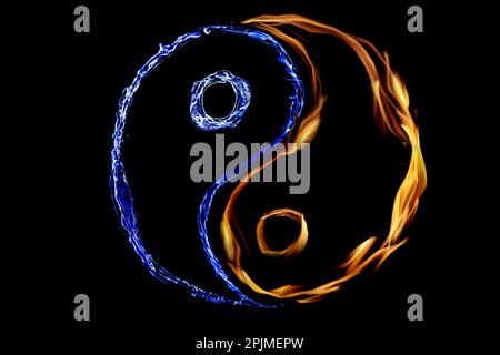 Fire flames and water splashes resembling Yin Yang symbol on black background. Feng Shui philosophy Stock Photo