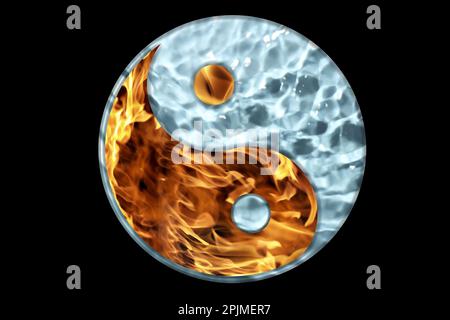 Fire and water resembling Yin Yang symbol on black background. Feng Shui philosophy Stock Photo