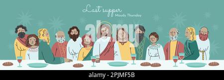 Last supper of Jesus Christ with twelve apostles on Holy or Maundy Thursday. Stock Vector