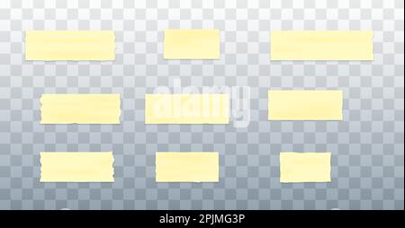 Adhesive tape collection. Set of adhesive paper pieces. Scotch pieces on transparent background. Realistic tape mockup. Vector illustration Stock Vector