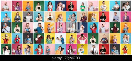 Collage with photos of people holding piggy banks on different color backgrounds. Banner design Stock Photo