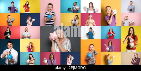Collage with photos of people holding piggy banks on different color backgrounds. Banner design Stock Photo