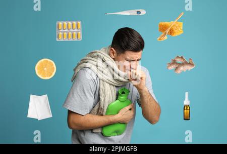SIck man with hot water bottle surrounded by different drugs and products for illness treatment on light blue background Stock Photo