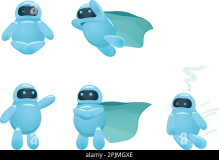 Funny robot characters collection. Bot meditating, presenting, tired or as superhero. Comic ai bot set. Vector illustration Stock Vector