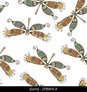 Seamless pattern with floral dragonflies. Vector background. Stock Vector
