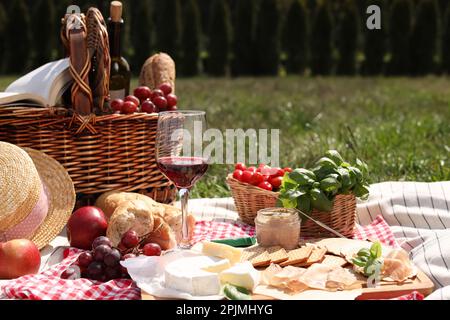 Blanket with picnic basket and different products on green grass Stock Photo