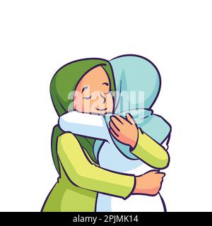 Two Female Hijab Sister Hugging Together Line Art. Arabian Muslim Sibling Embrace with Love and Smile Concept. Happy Sister or Sibling Day. Stock Vector