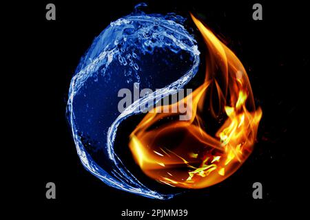 Fire flames and water splashes resembling Yin Yang symbol on black background. Feng Shui philosophy Stock Photo