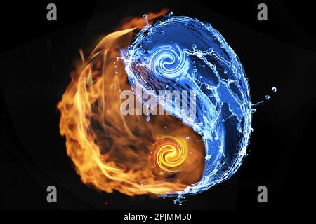 Fire flames and water resembling Yin Yang symbol on black background. Feng Shui philosophy Stock Photo