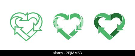 Green heart shape symbol with arrows. Recycle logo, environment care sign. Recycle icon in line, glyph, flat style. Applicable for eco products packag Stock Vector