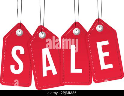 Word sale written on red paper tags or labels. Realistic hanging red paper tags. Price discount, seasonal sale concept. Retail promo, promotion banner Stock Vector