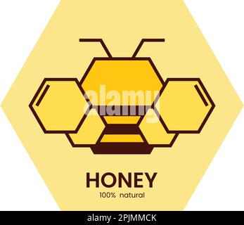 Bee icon or logo for honey brand on hexagon background. Honeycomb shape as bee body and wings. Honey logo. Line icon. Vector illustration Stock Vector