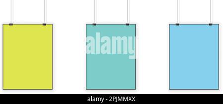 Three posters hanging on ropes and holding by paper clips or binders. Colors are blue and green. Realistic poster mockup, template. Applicable as phot Stock Vector